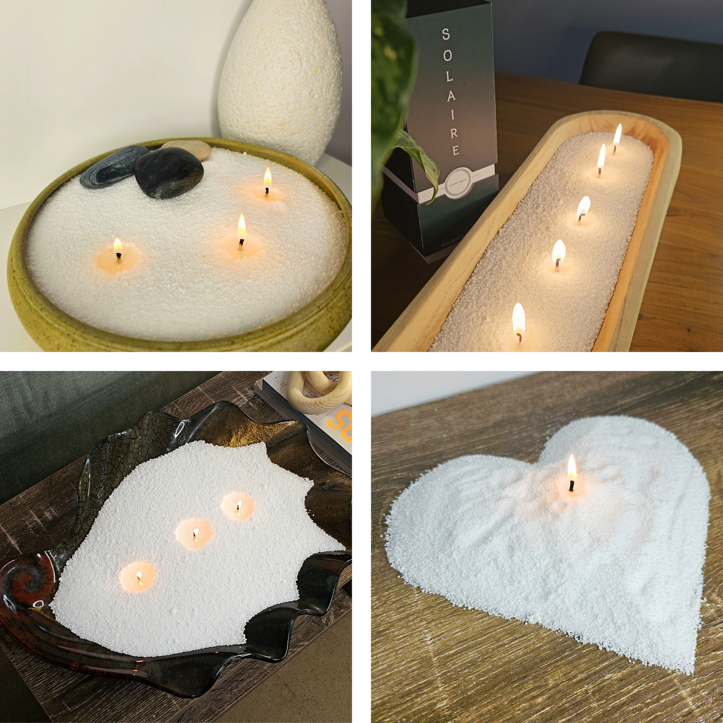 Large container filled with Solaire candle wax and pebbles, long container filled with Solaire candle wax and 5 wicks lengthways, a large ceramic glossy shell that shines with Solaire candle wax and lit wicks, a pile of Solaire Candle wax on a table in the shape of a heart. 