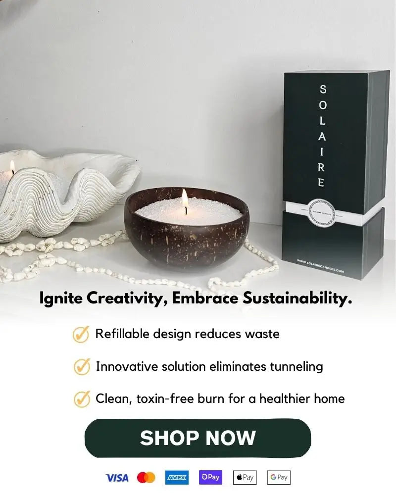 Solaire Candles - Refillable, sustainable candle in a coconut shell bowl with packaging.
Ignite creativity, Embrace Sustainability. Refillable design, reduces waste. Innovative solution, eliminates tunneling. Clean, toxin free burn for a healthier home.
Shop Now for local candles near me.
Accepts: Visa, Mastercards, Amex, Shopify pay, apple pay, google pay and paypal payments. 