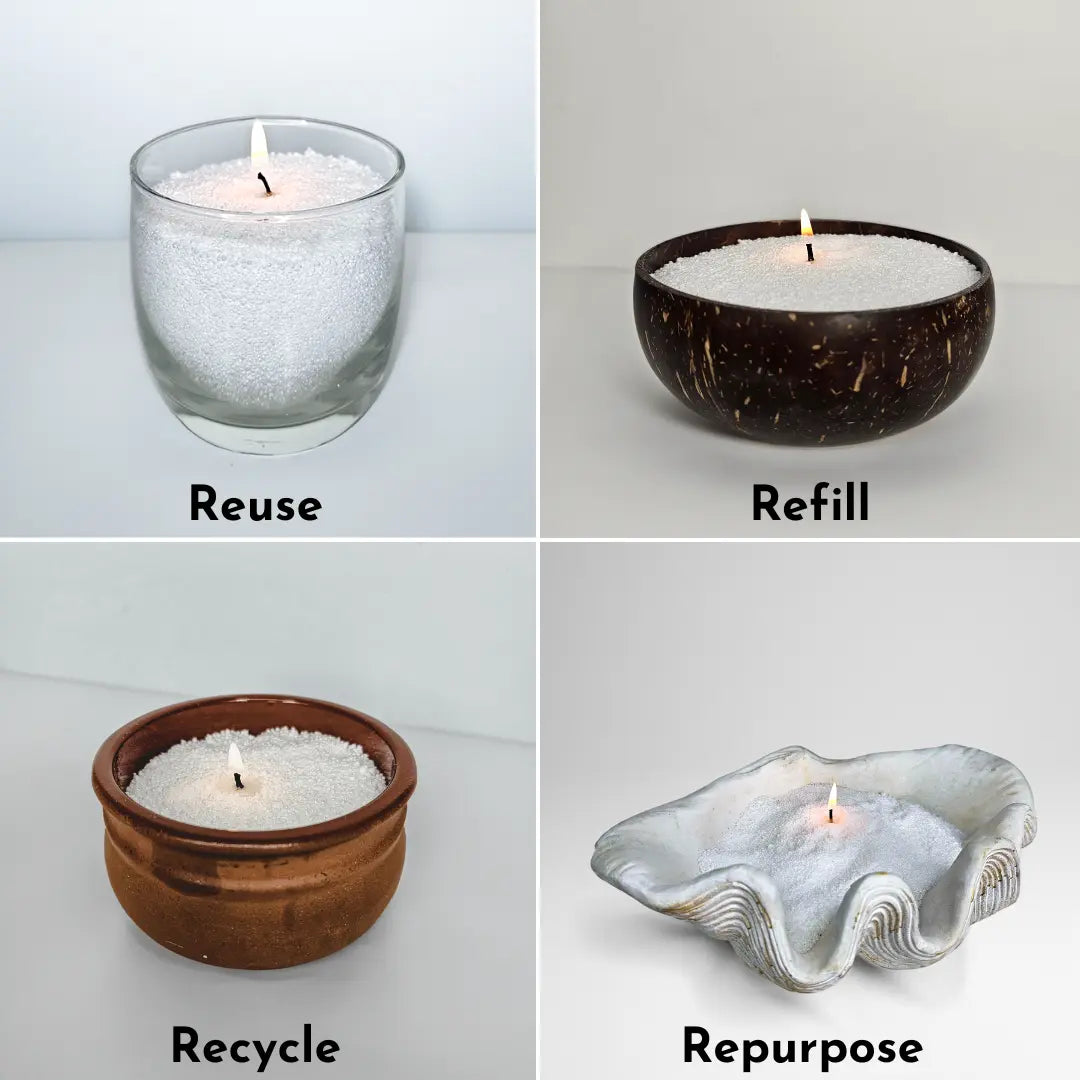 Example of 4 containers that can be used to Reuse, Refill, Recycle and Repurpose your existing containers. 
Glassware that you may find from a traditional candle,
A half coconut shell,
A leftover ceramic ramekin dish from a fancy salsa dip, 
A large ceramic sea shell,
Each filled with Solaire candle wax